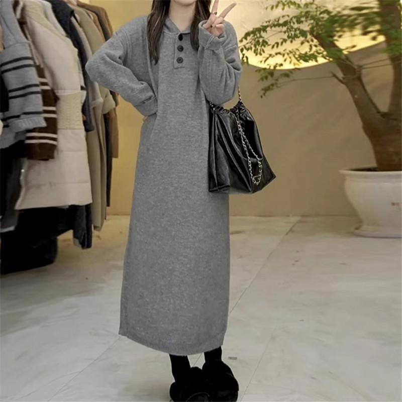 Autumn and Winter New Casual Hooded Knitted Dress Women's Loose Lazy Medium and Long Inner Sweater Skirt Tide