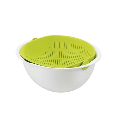 Akebono Sangyo Large Green Colander Bowl, Made in Japan. Tilt the bowl for quick draining. No need to remove the colander for speed. Rotates 180 degre