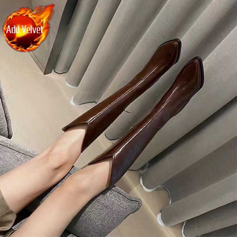 Fashion Middle Heel Knee High Shaft Shoes Woman Leather Brown Pointed Toe Long Boots for Women Comfortable and Elegant New in Footwear