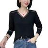 2025 Podzim Dámské V-neck Jednobarevné S dlouhým rukávem Volné Zeštíhlující Základní Tričko