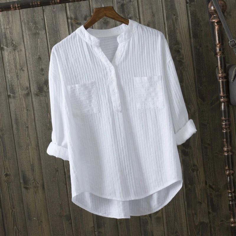 Cotton White Shirt Women's Tops Mujer Office Long Sleeve Korean Loose Casual Vertical V-neck Shirts Blusas De Mujer