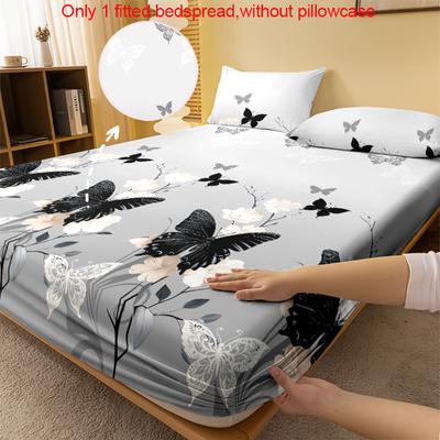 1 Simple Modern Plant Flower Butterfly Printed Matte Fitted Sheet, Bedroom Printed Bed Cover, Bedding (Excluding Pillowcases)