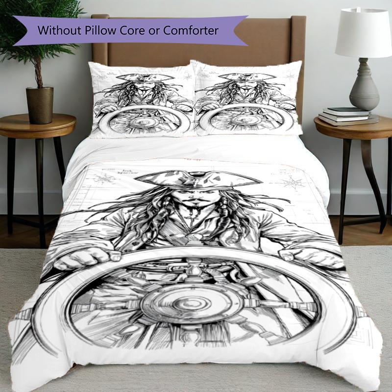 3pcs Duvet Cover Set (1*Duvet Cover + 2*Pillowcase, Without Core), Captain Jack Sparrow Print Bedding Set, Bedroom Decor, All‑Season, Gift