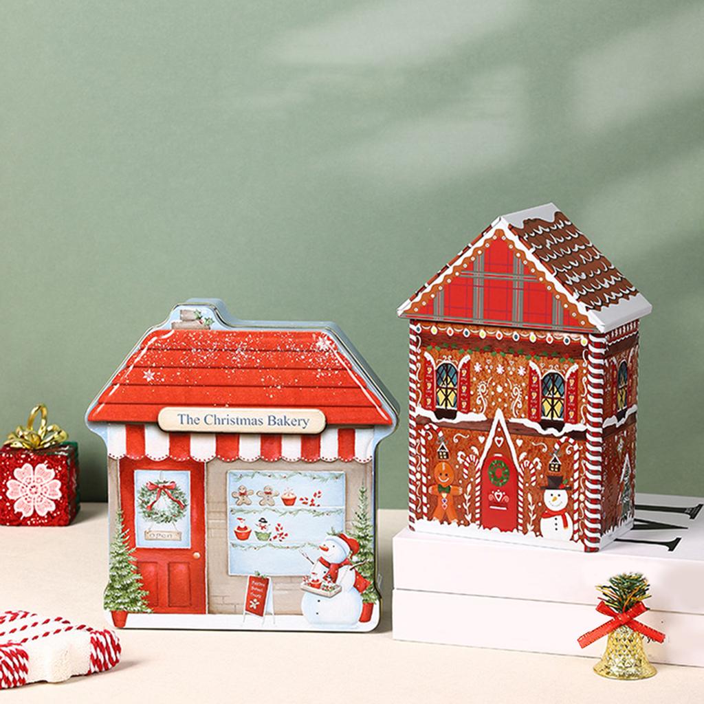 Festive Christmas House Shaped Tin Box Holiday Decorative Metal Container For Holiday Decor And Candy Storage Organizer
