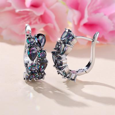 Pendientes de aro bohemios con forma de pera y piedra arcoíris para boda, aretes de cóctel de circonita de Color plateado, joyería para fiesta de compromiso