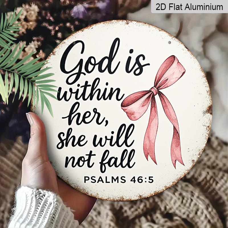 2D Flat - [2D Flat]1pc 7.87 X 7.87Inch (20 X 20Cm) Exquisite Metal Poster. Pink Bow & Inspirational Bible Verse God Is Within Her, She Will Not Fall