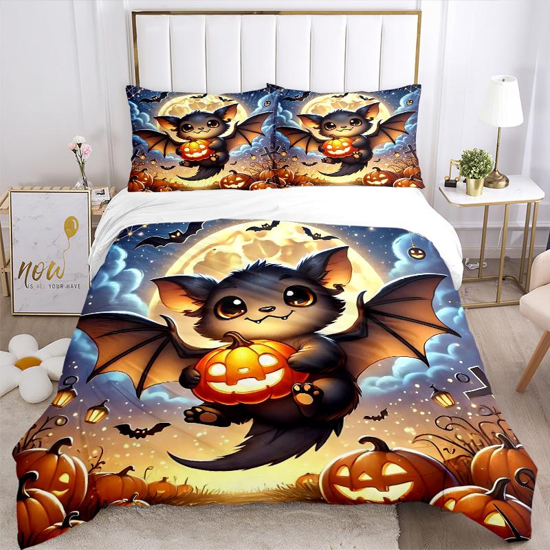 3pcs Cute Bat Halloween Print Bedding Set Soft and Comfortable, Suitable for Use in Bedrooms and Guest Rooms.N024