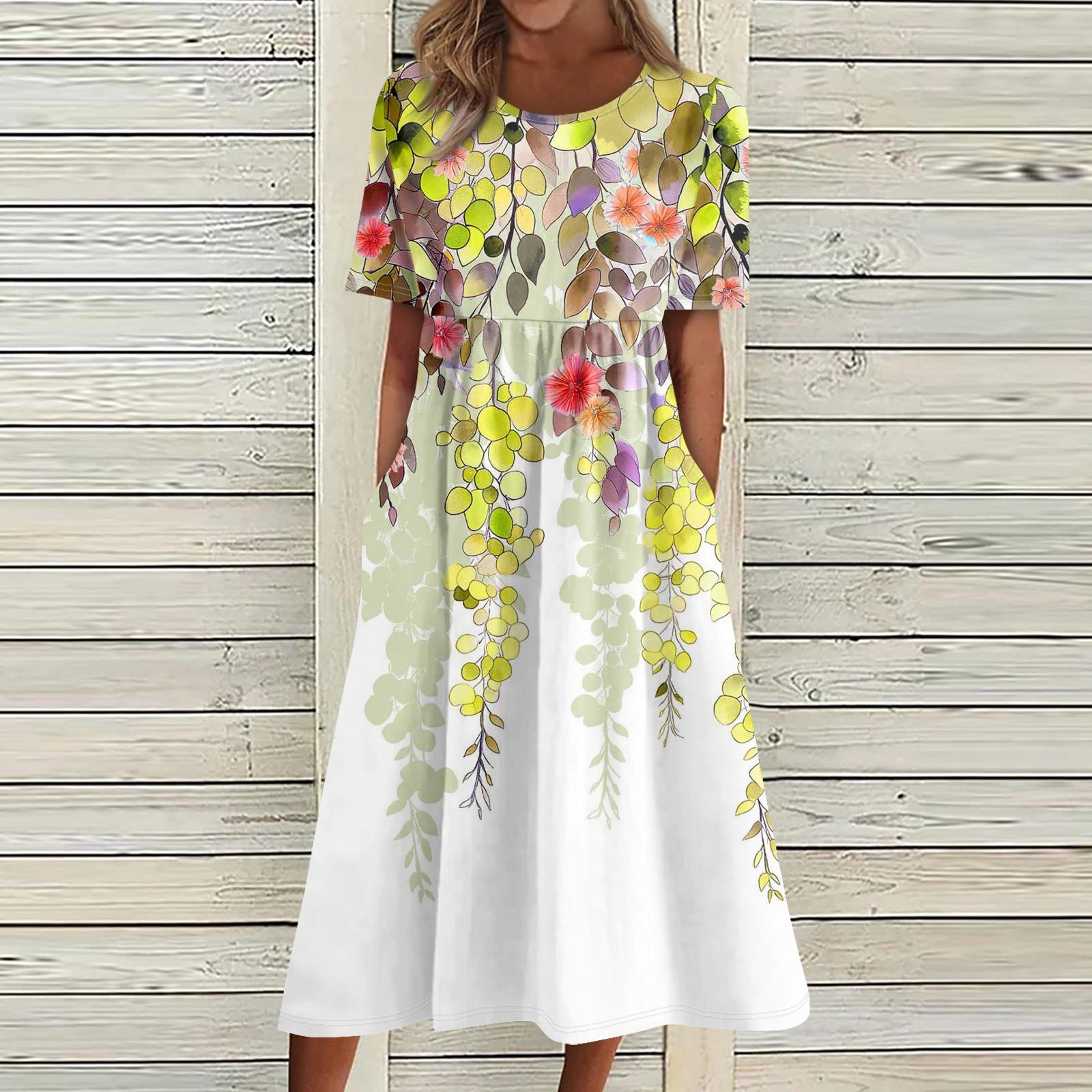 

Летнее платье для женщин, повседневное пляжное свободное платье с короткими рукавами и принтом XL жёлтый