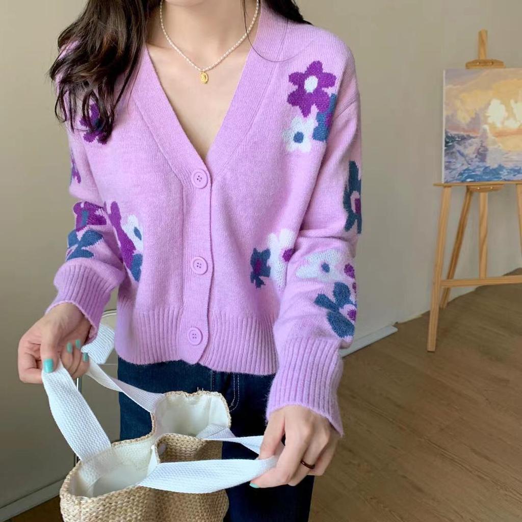 Blumen-Strickjacke für Damen, süß, niedlich, langärmelig, Strickpullover, Y2K-Streetwear, Herbst-Winter, lässige Tops