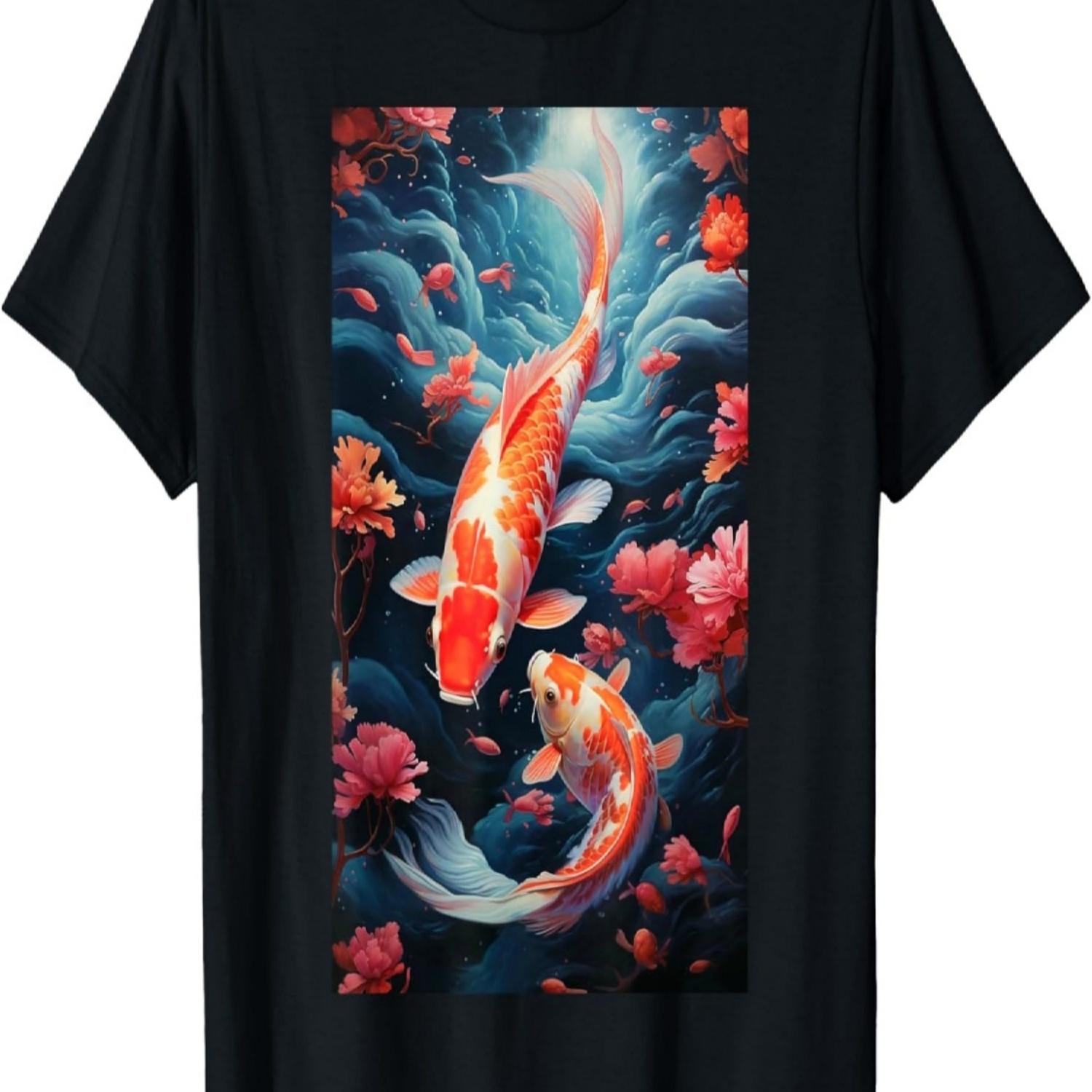 Koi Fish Pattern Asian Oriental Cherry  Blossoms T-Shirt S чёрный