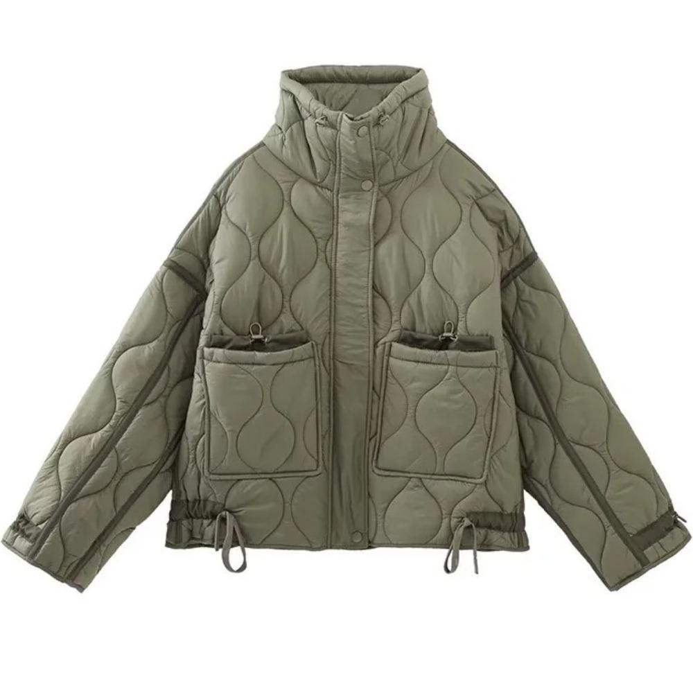 Women's Fashion Warm Cotton Jacket Fall and Winter Standing Collar Long Sleeve Front Zipper with Buttons Vintage Jacket