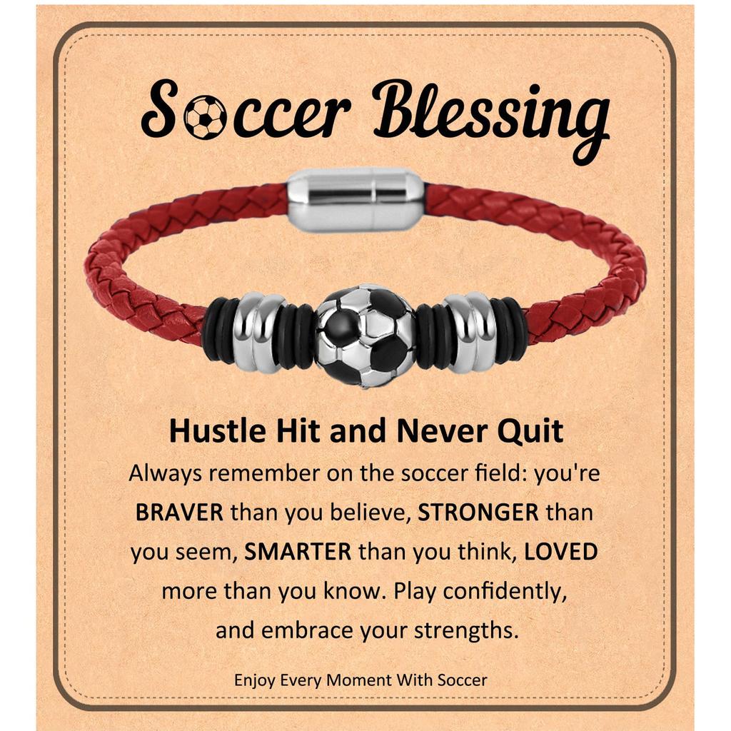 Soccer Bracelet for Boys Men Leather Wristband Gifts for Son with Solid Stainless Steel Soccer Ball Charm, Football Jewelry Gift
