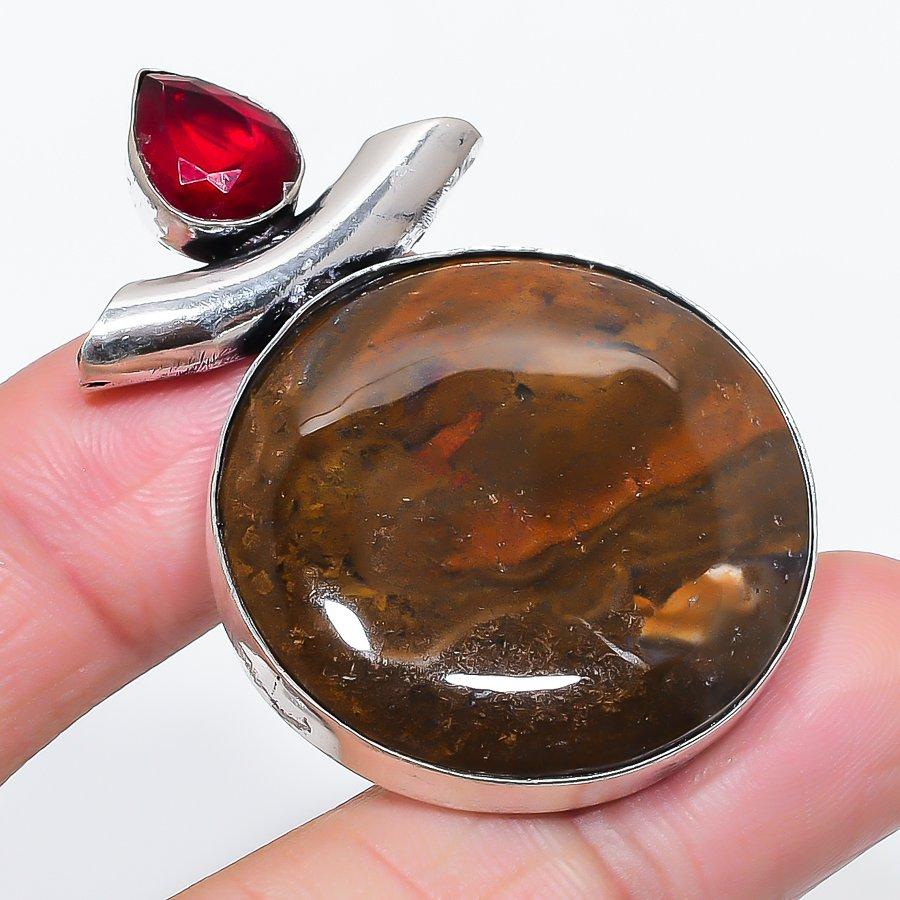 Ocean Jasper, Garnet Gemstone 925 Sterling Silver Jewelry Pendant 2.05"