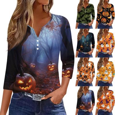 Women's Casual Fashion V-neck Loose Versatile Halloween Print Three-quarter Sleeve Top