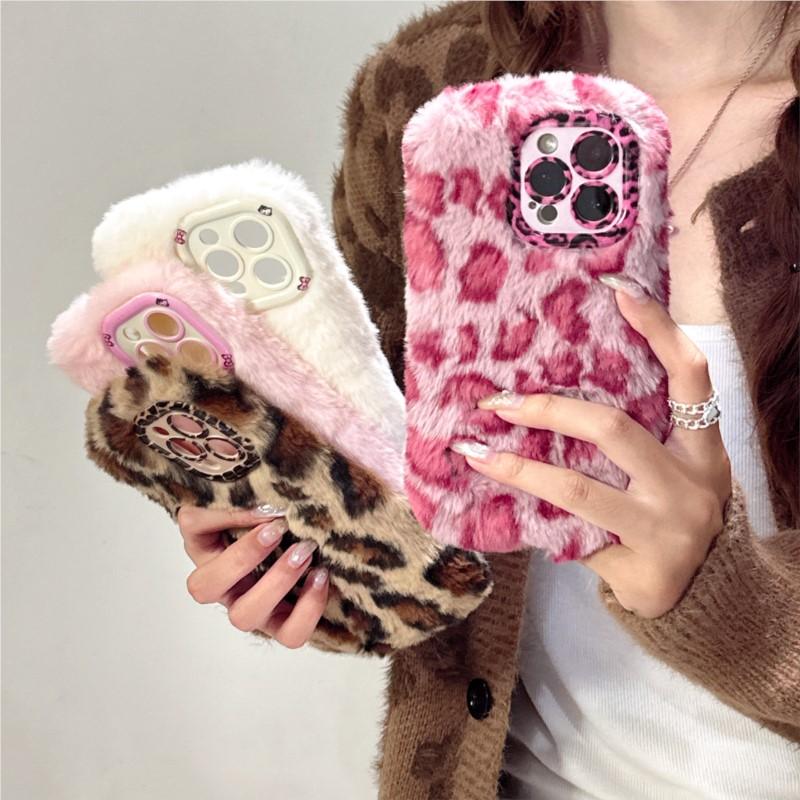 Fashion Leopard Fluffy Fur Case For iPhone 17 Pro Max 16 Plus 15 14 13 12 11Kickstand Camera Lens Protection Frame Funda 17 Air
