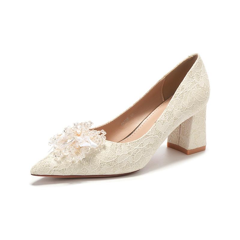 

Стразы Цветок Остроконечный толстый каблук Женские туфли на высоком каблуке Банкетное платье Красные свадебные туфли Свадебные туфли Одиночные туфли 40