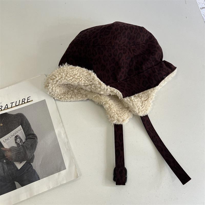Retro Autumn and Winter Warm Leopard Print Lei Feng Hat Women's Plush Cycling Ear Protection Big Head Circumference Pilot Hat Men Show Small Face