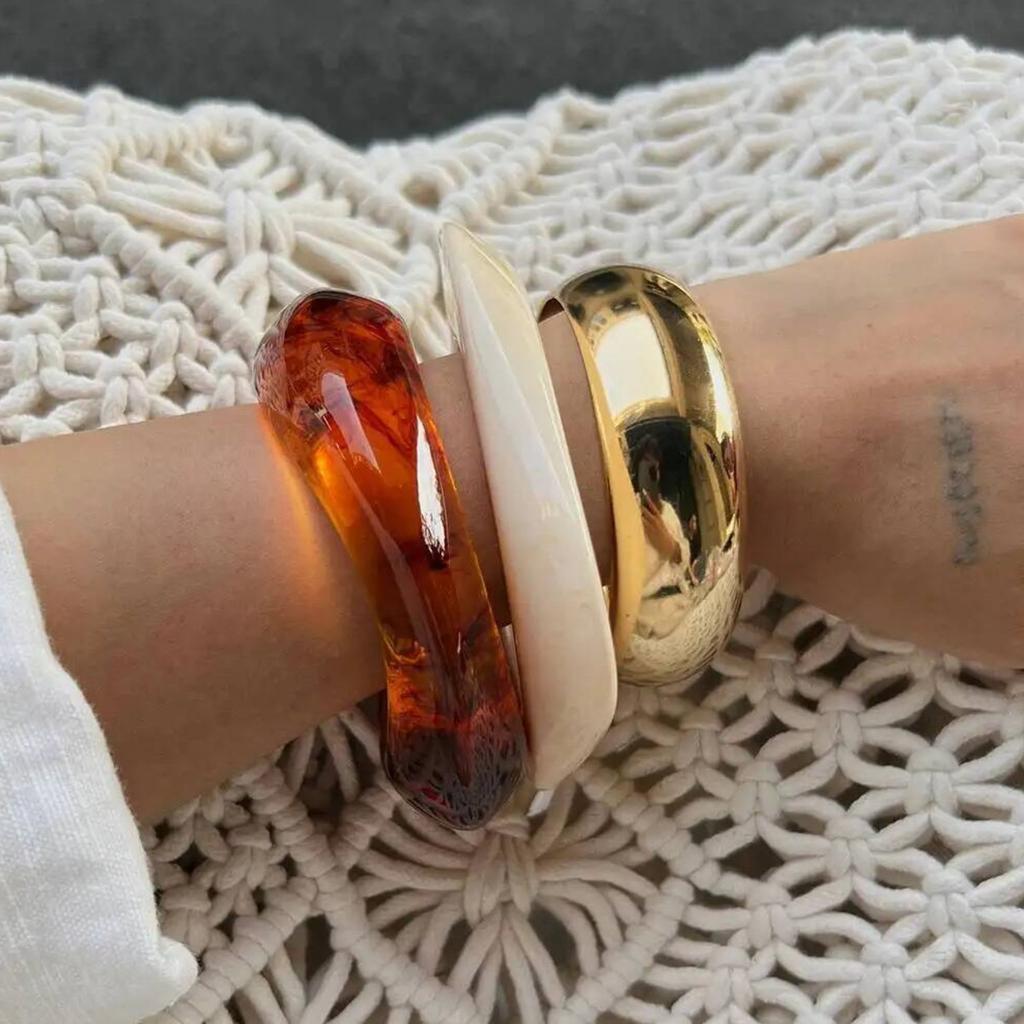 SHIXIN 3 Styles Punk Thick Resin Acrylic Irregular Bangle Bracelet for Women Vintage Metal Spring Bangle Fashion Jewelry Gift
