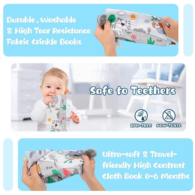 Libro in Stoffa Morbida per Bambini con Pagine Tattili - Carino Libro Sensoriale per Neonati 0-6, 6-12 e 12-18 Mesi con Carta Stropicciata Regalo per Neonato