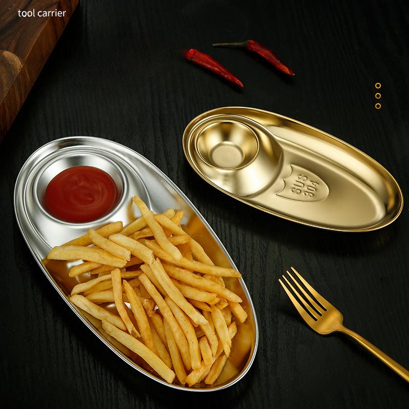 Snack Dish Dumpling Plate Golden Oval Dipping Saucer 304 Stainless Steel Tray Fries Plate Salad Dish Barbecue Seasoning Plate