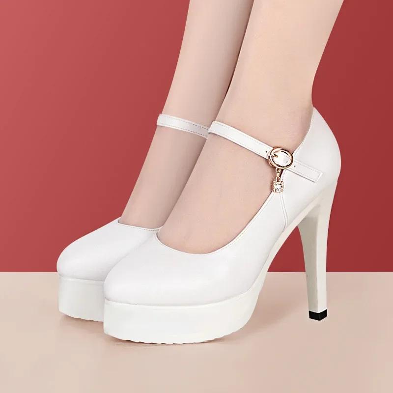 7 9 11 13 Small Size 32-43 Shallow Thick Bottom Genuine Leather Shoes Platform Pumps 2025 Block High Heels Shoes Model Office