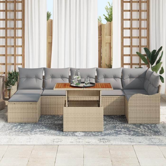 Ensemble de Canapés de Jardin 8 Pièces avec Coussins Beige en Poly Rattan, Canapé de Jardin 2 Places avec Coussins Beige 3349489