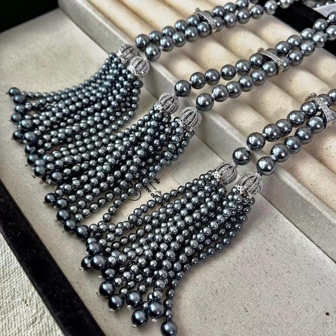 Premium Platinum Gray Sea Bead Fringed Sweater Chain Imitation Pearl Dark Night Long Necklace Versatile Adjustable