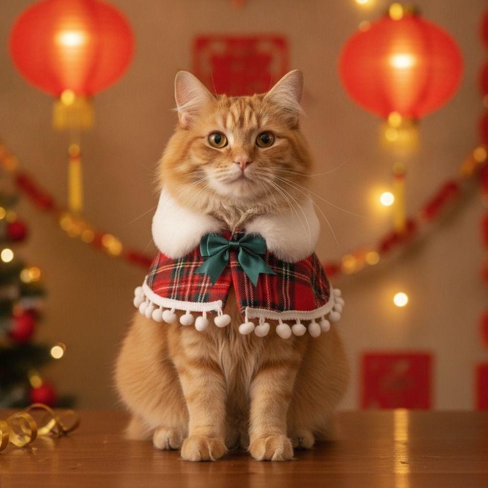Fleece Lined Christmas Pet Cape British-style Xmas Cat Shawl Christmas Pet Scarf Dog