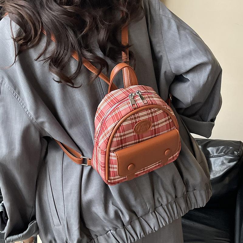Korean Version of Fashion Portable Small Bag Women 2025 New Canvas Plaid Backpack Retro Premium Casual Backpack