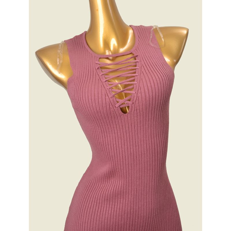 Fashion Style Lace-up Cutout Sunken Stripe High Elastic Knitted Hip Skirt Sexy Sexy Sleeveless Silm Export Dress