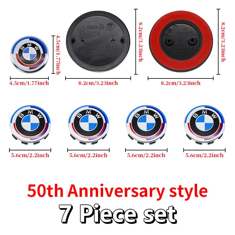 DJSA5 Hood Trunk Wheel Steering Badge 7Pcs Emblem Set For BMW E46 E90 F10 F30 G20 X5 82mm 74mm 68mm 56mm 45mm 50th Anniversary Car