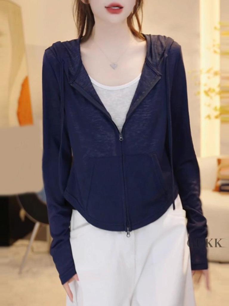 Plus Size Early Autumn Two-Piece Hooded Long Sleeve Top & Cardigan Jacket