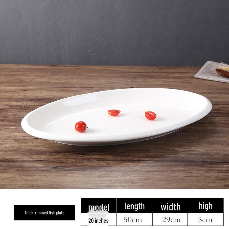 Extra Large Oval Thickened White Ceramic Fish Plate for Commercial Restaurant or Hotel Use