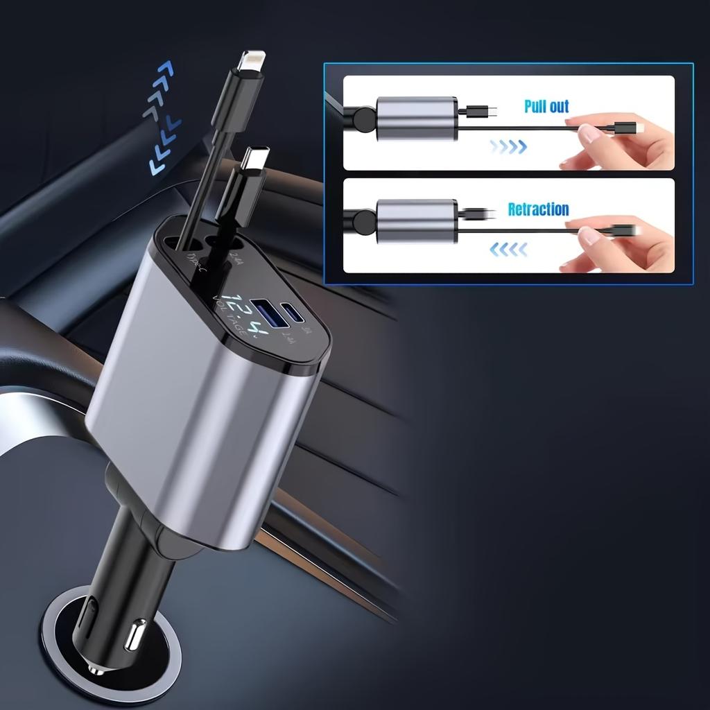 120W 4 az 1-ben Behúzható Autós Töltő USB C Kábellel iPhone-hoz, Huawei-hez, Samsunghoz Gyors Töltő Kábel Szivargyújtó Adapter PD QC3.0