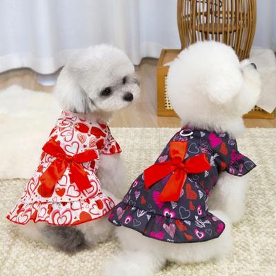 Dog Dress with Red Ribbon Bow Love Heart Print Flying Sleeves Ruffle Hem Dress Pet Costume Outfit Apparel for Small Dogs