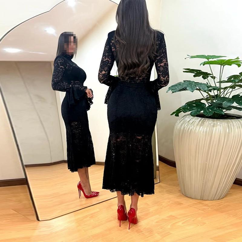 Black Lace Cutout Round Neck Bodycon Midi Dress Women 2026 Elegant Sexy Slim Fit Long Sleeve