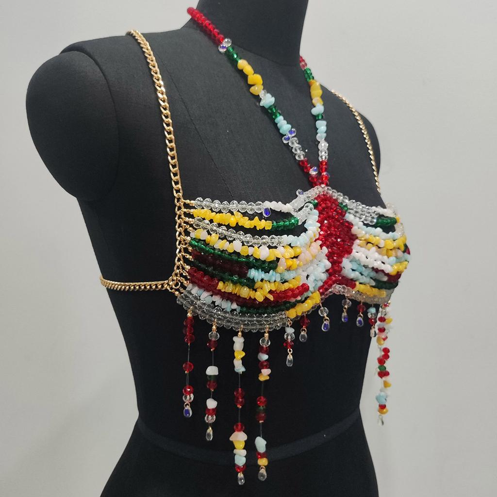 Womens Exotic Colorful Beads Tassels Halter Neck Bra Chain Crop Top Hollowed Body Jewelry Chest Chain for Beach Festival