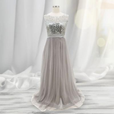 Women Evening Dress See-through Mesh Shiny Sequin Patchwork Tight Waist Sleeveless Dress-up Floor