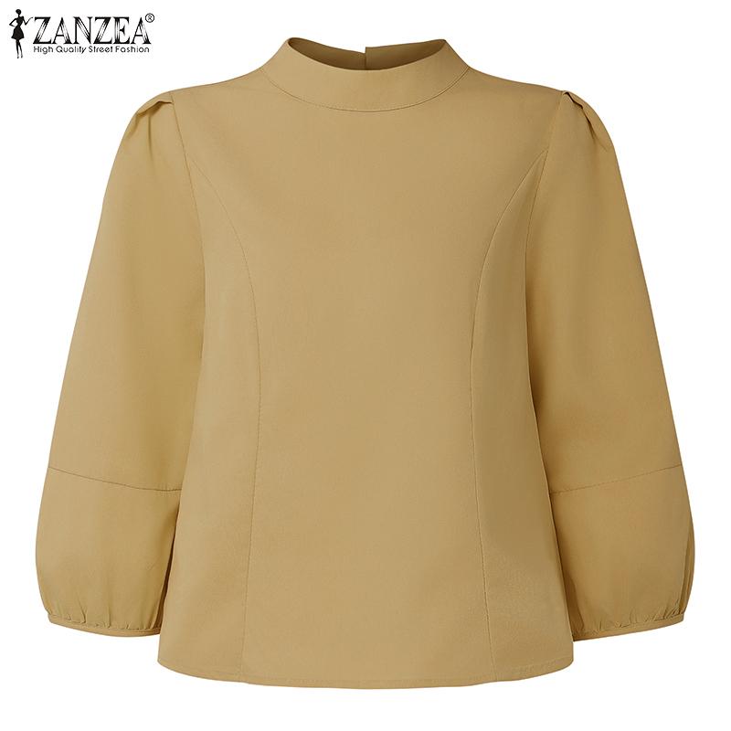 ZANZEA Women Casual Round Neck Solid Color 3/4 Sleeve Loose Blouse