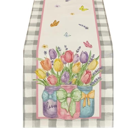 Jarní květinový běhoun s kvetoucími květinami, stolní prádlo, tulipán, pratelný ubrus pro domácí, farmářské, večeře, dekorace