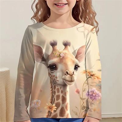 Children's Animal Giraffe 3D Digital Print Girl Fun and Fashionable Round Neck Long Sleeved T-shirt