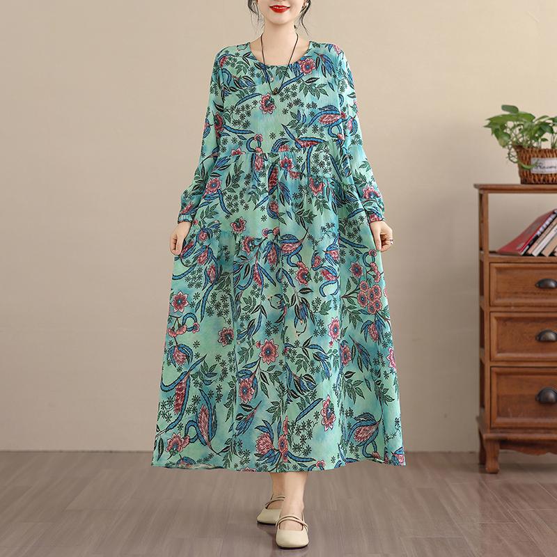 DIMANAF New 2026 Spring Summer Women Plus Size Vintage Long Dress Loose Oversize Long Sleeve Maxi Floral Print