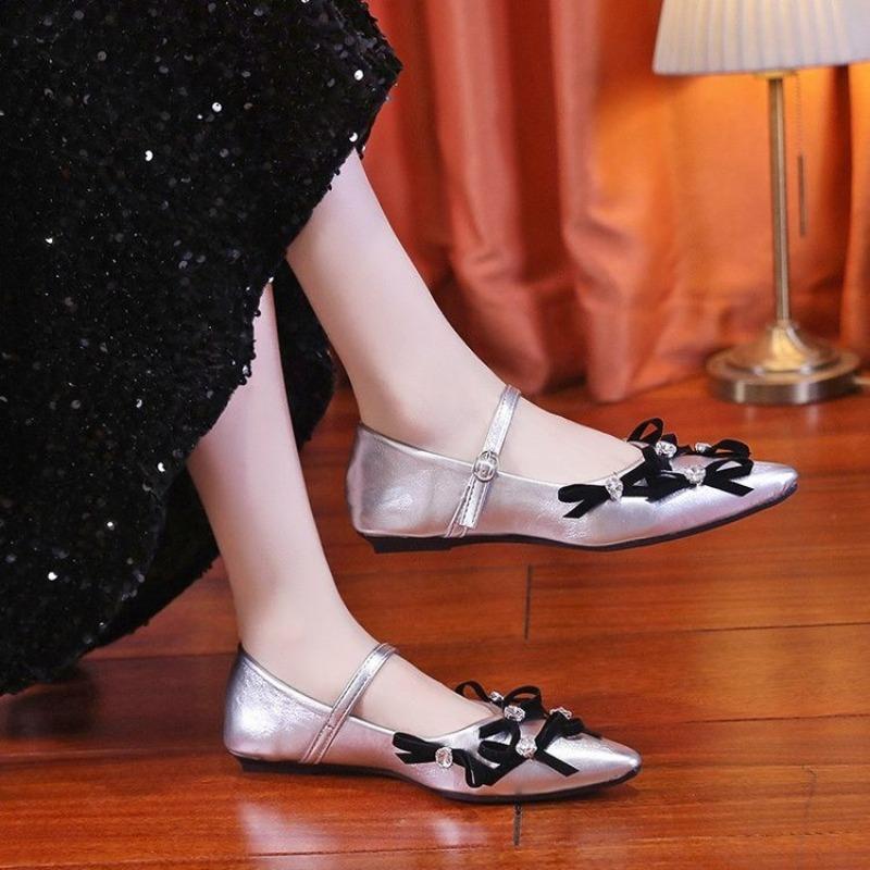 Fashion Women Sexy Pointed Toe Shoes Luxury Crystal Bow Sandals Dress Party New 2025 Designer Summer Loafers Buckle Shallow Zapatillas