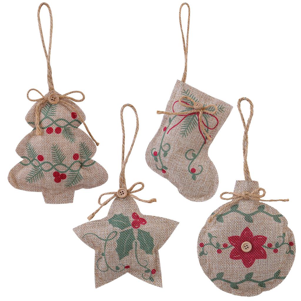 New Christmas Linen Pendant Printed Five-pointed Star Christmas Tree Shopping Mall Decoration Small Pendant