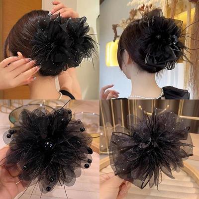 Eleganter Satin-Schwarzer Schleifen-Haarclip mit Strasssteinen - Damen Krallen-Accessoire