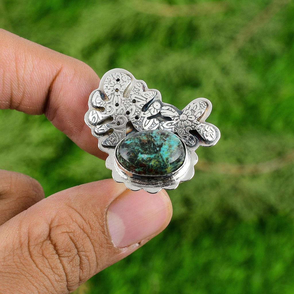 Gift For Her 925 Silver Natural Chrysocolla Gemstone Statement Adjustable Ring