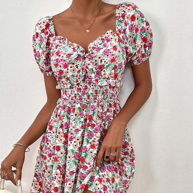 YYFS Abiti casual a vita alta con scollo a V a maniche corte con stampa floreale primaverile alla moda da donna