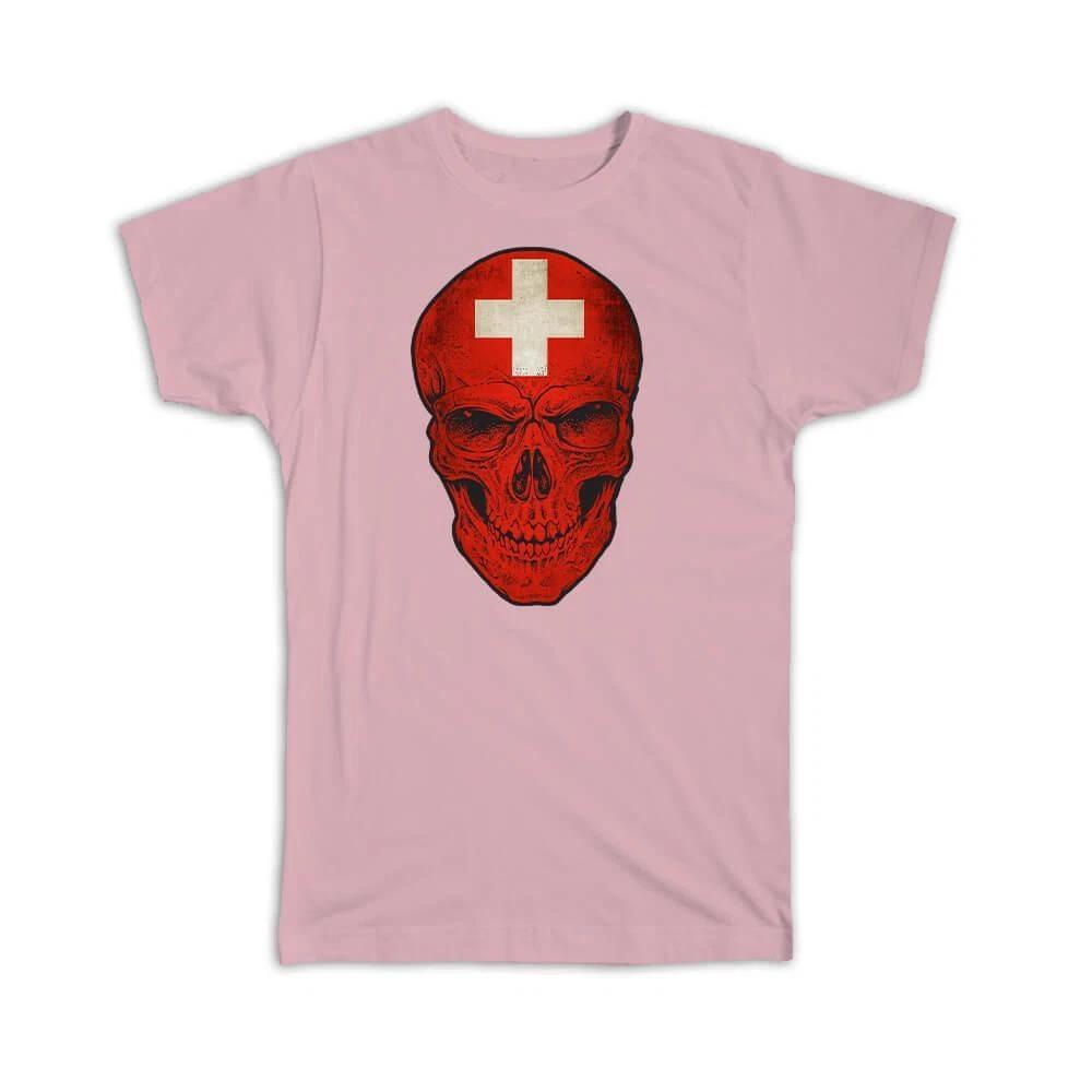 Gift T-Shirt : Switzerland Flag Skull Swiss National Colors S