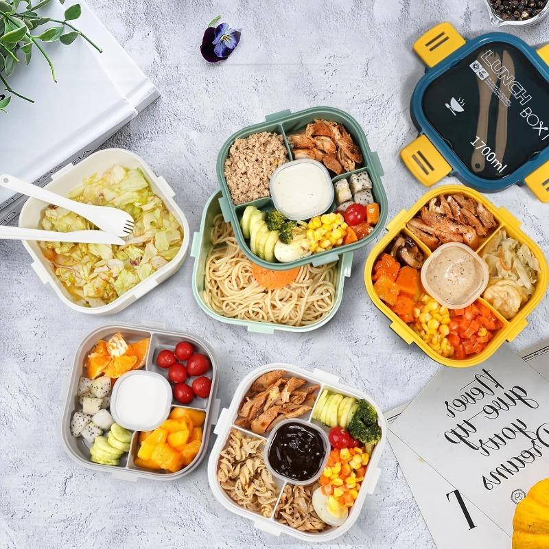All-in-One Salad Container - Large Salad Bowl, Bento Box Tray, Leak-Proof Sauce Container, Dishwasher/Microwave Safe