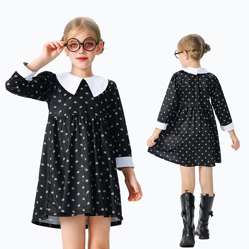 Halloween Children's Costume Adams Family Costume Wednesday Black Long Sleeve Dress Girls Party
